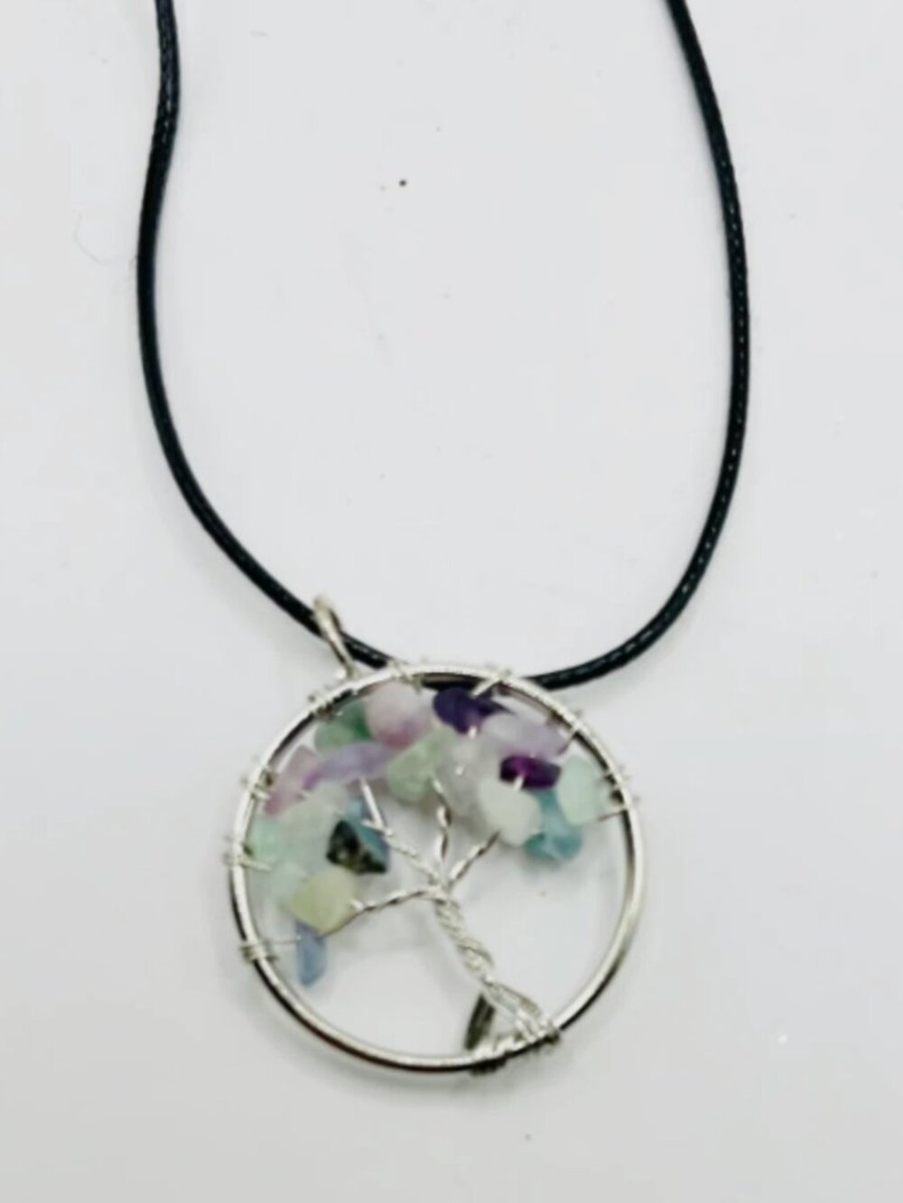 Tree of Life Pendant Multi Stone Crystal Necklace Leather Cord Boho Jewelry